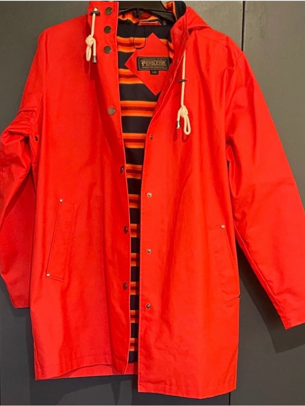 Women’s Pendleton Bright Orange Hooded Raincoat with Striped Interior